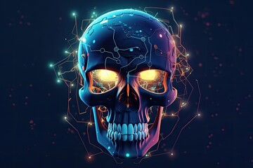 Light glows human skull in the dark. Generative AI.