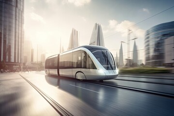 Futuristic electric vehicle train auto drive on the road. Auto drive system electric vehicle. Generative AI.