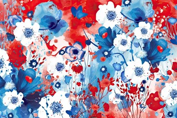 Wall Mural - Red and blue watercolor flowers. Generative AI.