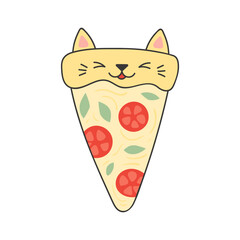 Wall Mural - Cute pizza slice with kawaii cat face cartoon character illustration. Hand drawn style design, line art, isolated vector. Kids print element, food logo, baking, cooking, cafe menu