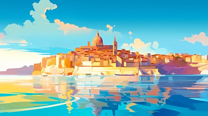 Wall Mural - Illustration of beautiful view of Valletta, Malta