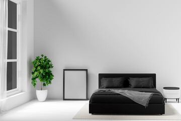 Wall Mural - Interior poster mock up on the wall with black bed and flower in bedroom interior. 3D rendering.