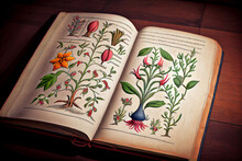 A Vintage Scientific Drawing Of Plants In An Old Book, Generative Ai