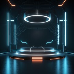 Futuristic Sci Fi Empty Stage with neon light. Modern Hall room display background for display products. 