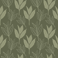  Green tea. Seamless pattern with tea plant. Repeating background with green plant. For packaging, textile, print, template, card. Decorative ornament. Hand drawn design element. illustration