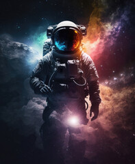 Wall Mural - Astronaut on the background of a multi-colored nebula. Digital art. Generative AI.