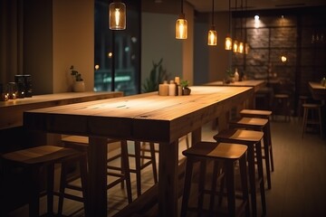 Wall Mural - Wood table restaurant light. Generate Ai