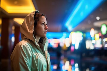 Lifestyle portrait photography of a tender woman in her 30s wearing a vibrant raincoat against a casino or gaming floor background. Generative AI