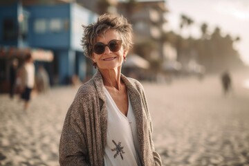 Poster - Portrait of senior woman on the beach at sunset. Mature woman in sunglasses on the beach.