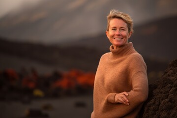 Sticker - Medium shot portrait photography of a pleased woman in her 40s wearing a cozy sweater against a volcano or lava background. Generative AI