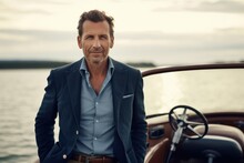 Lifestyle Portrait Photography Of A Satisfied Man In His 40s Wearing A Classic Blazer Against A Speedboat Or Water Sports Background. Generative AI