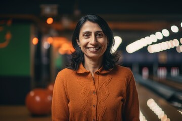 Wall Mural - Portrait of a smiling woman standing in bowling alley at night.