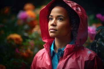 Canvas Print - Lifestyle portrait photography of a tender woman in her 30s wearing a vibrant raincoat against a floral background. Generative AI