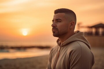 Young man in sportswear standing on the beach at sunset.