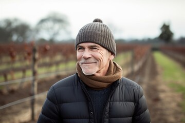 Wall Mural - Portrait of a senior man in a winter hat and scarf standing in a farm