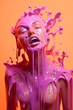 plastic woman mannequin with pink paint splashes melting pink drips isolated on orange background, made with generative ai
