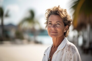 Wall Mural - Lifestyle portrait photography of a grinning woman in her 50s wearing a chic cardigan against an island resort or vacation background. Generative AI