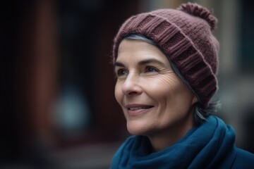 Wall Mural - Portrait of a smiling middle aged woman in a hat and scarf