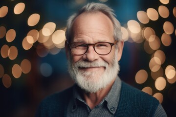 Canvas Print - Medium shot portrait photography of a grinning man in his 60s wearing a cozy sweater against festive lights background. Generative AI