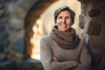 Medium shot portrait photography of a pleased woman in her 40s wearing a cozy sweater against a monastery or spiritual retreat background. Generative AI