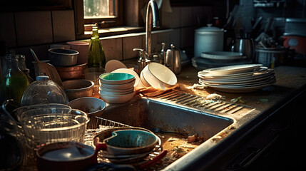 Dirty dishes and utensils in a rustic kitchen.