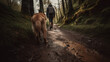Man walking with golden retriever dog on a trail in the forest