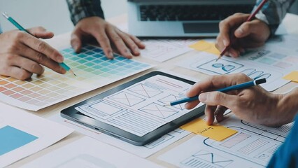Website designer Creative planning application development draft sketch drawing template layout framework wireframe design studio . User experience concept .