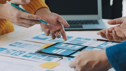 Website designer Creative planning application development draft sketch drawing template layout framework wireframe design studio . User experience concept .