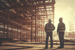 Project construction engineer and foreman in a construction site, rear view. Generative AI