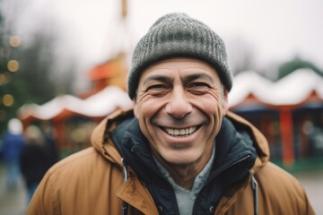 Wall Mural - Portrait of a smiling middle-aged man on the background of a winter amusement park