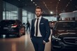 © Robert MEYNER - Medium shot portrait photography of a pleased man in his 30s wearing a sleek suit against a car showroom or dealership background. Generative AI