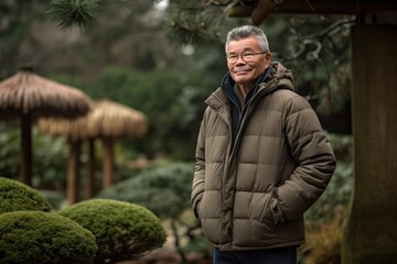 Wall Mural - Portrait of a senior Japanese man standing in a Japanese garden.