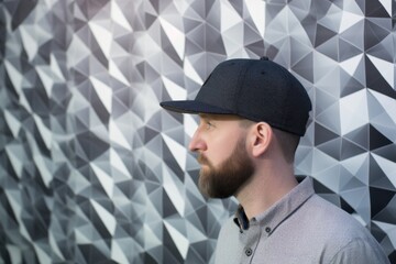 Canvas Print - Portrait of a handsome young man in a black cap on a background of a geometric pattern