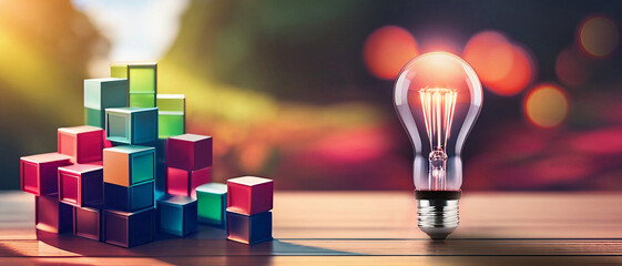 Light bulbs and square shaped paper toys with business idea and solutions of business leaders concept on green - red background. copy space, banner, website- 3d rendering