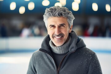 Wall Mural - Medium shot portrait photography of a pleased man in his 50s wearing a cozy sweater against an ice rink or winter sports background. Generative AI