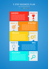 Wall Mural - infographic 5 steps business plan success vertical template Multi colored squares, colored icons on white background. white letters Blue gradient background. Design for marketing, product, project.