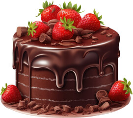 Illustration of chocolate cake with strawberries and choco sauce for birthday and celebration isolated on white  background as transparent PNG, generative AI food