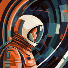 Astral Exploration, Vector Illustration Of An Astronaut Gracefully Gliding Across The Swirling Storms Of Mercury, Captured In An Abstract Hand-drawn Poster
