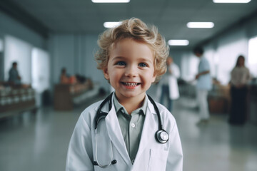 Wall Mural - Portrait of a child wearing a doctor uniform with stethoscope in a hospital. Generative ai