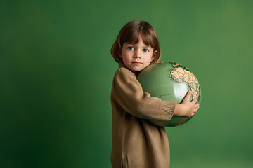 Wall Mural - A young child hugging a planet earth model. Protecting environment. Generative ai