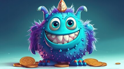 Wall Mural - adorable cartoon monster with gold coins. Fantasy concept , Illustration painting. Generative AI