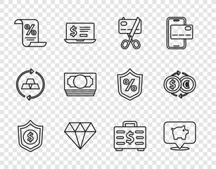 Canvas Print - Set line Shield with dollar, Piggy bank, Scissors cutting credit card, Diamond, Finance document, Stacks paper money cash, Briefcase and and Money exchange icon. Vector