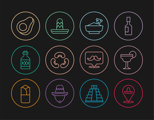 Sticker - Set line Mexican sombrero, Margarita cocktail, Nachos in bowl, Beans, Tequila bottle, Avocado fruit, Mustache and icon. Vector