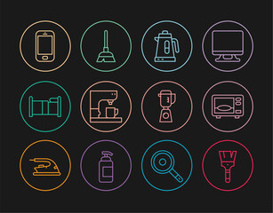 Sticker - Set line Paint brush, Microwave oven, Electric kettle, Coffee machine, Bed, Mobile phone, Blender and Handle broom icon. Vector