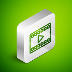 Sticker - Isometric line Play Video icon isolated on green background. Film strip with play sign. Silver square button. Vector