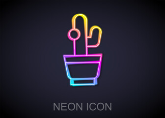 Sticker - Glowing neon line Cactus and succulent in pot icon isolated on black background. Plant growing in a pot. Potted plant sign. Vector