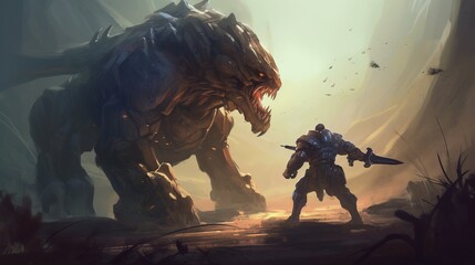 Cyborg warrior battling a monster. Fantasy concept , Illustration painting. Generative AI