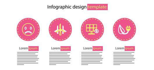 Poster - Set line Solar energy panel, Electric saving plug in leaf, Wind turbines and Sad smile icon. Vector