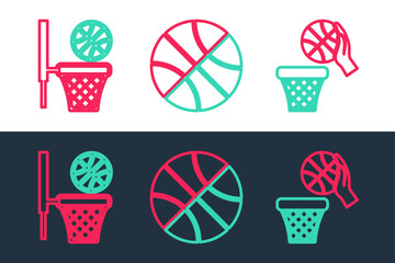 Poster - Set line Basketball ball and basket, backboard and icon. Vector