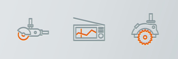 Set line Electric circular saw, Angle grinder and Radio icon. Vector